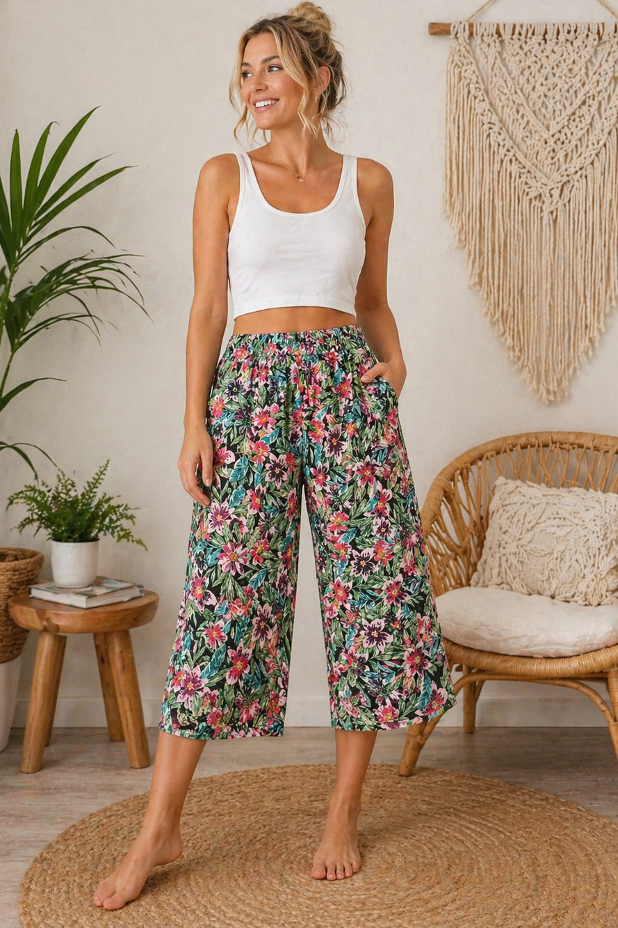 Tropical Floral Boho Wide Leg Pants L Hawaiian Hippie Rayon Beachy Resort Wear